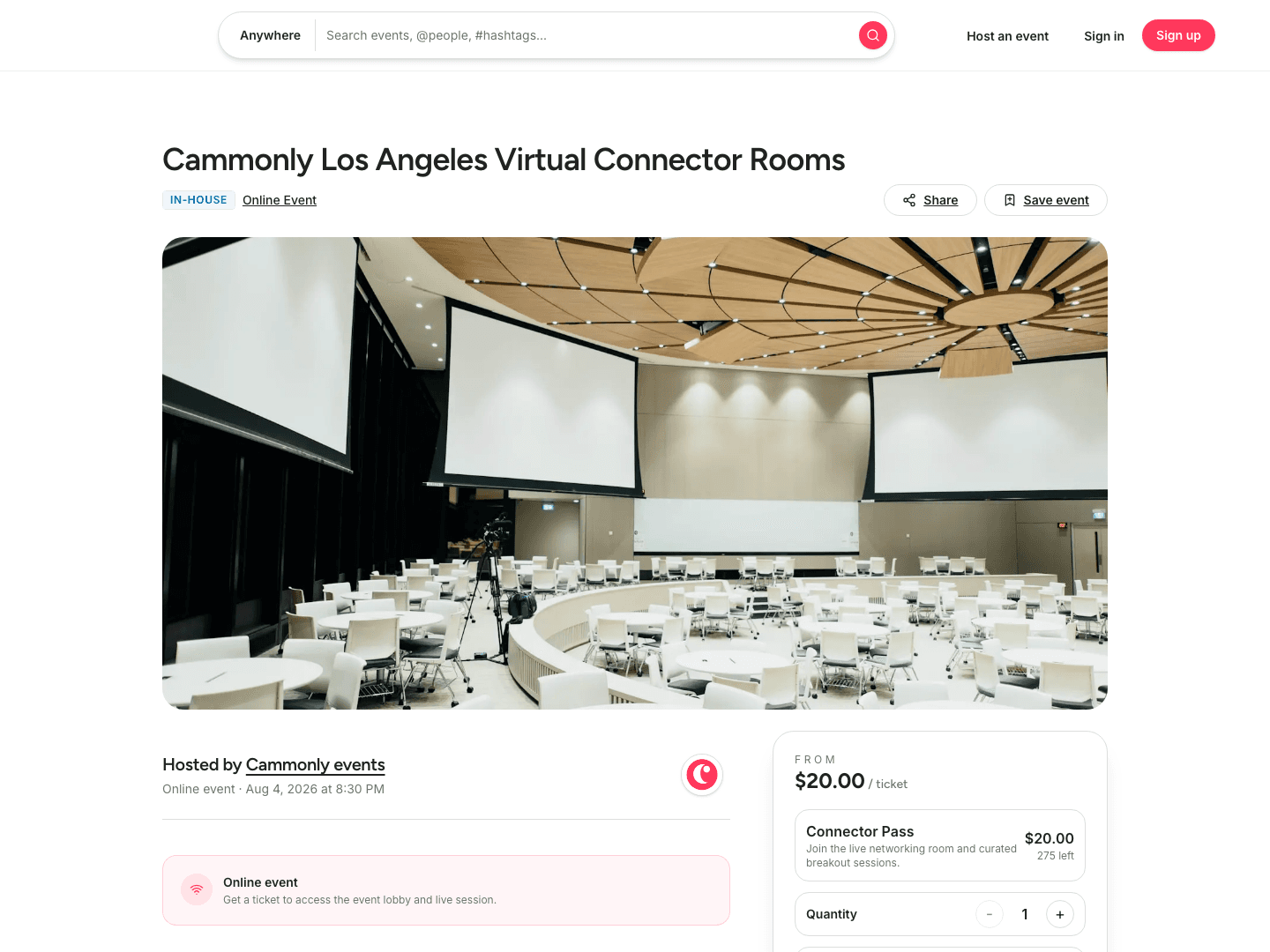 A public Cammonly event page with reservation details and live event context.