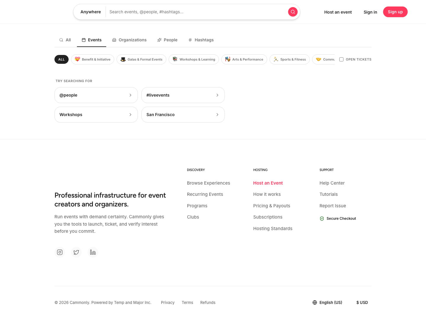 Cammonly web search showing event results with the Open Tickets filter applied.